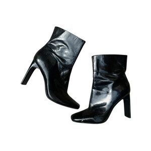 black faux leather pointed toe boots